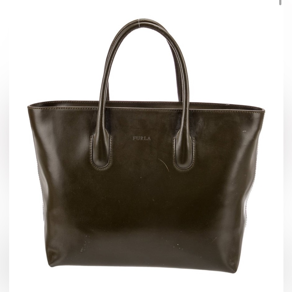 Furla Smooth Leather Tote in Dark Brown/Green
